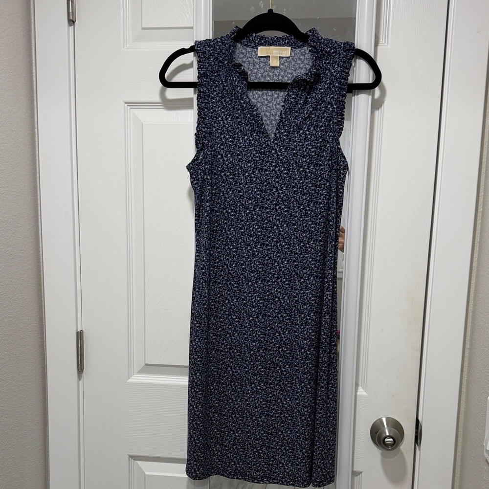 Michael Kors Navy and White Printed Sleeveless Midi Dress